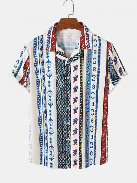 Mens Geometric Striped Print Ethnic Style Short Sleeve Shirts