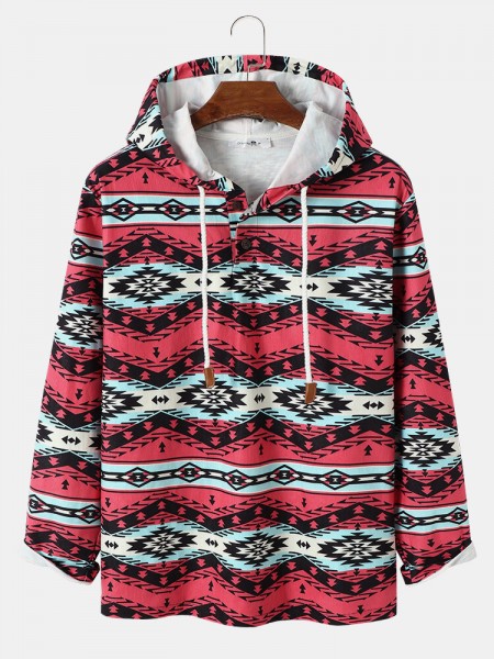Mens Ethnic Argyle Printed Half Buttons Seamless Long Sleeve Hoodies