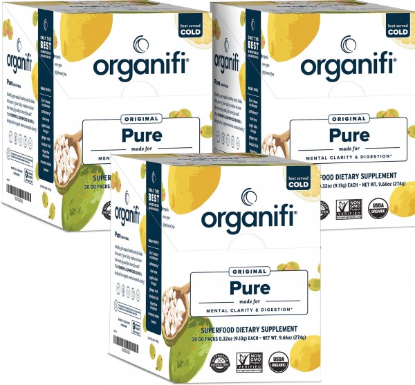 Organifi: Pure Smart Packs - Organic Brain Boost Superfood Solution - 3 Pack - Lemon Flavor - Revitalize & Alkalize for Daily Mental Focus - Gut-Cl...