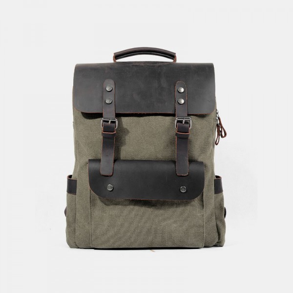 Men Retro Vintage Multifunction Canvas Leather Anti-theft Backpack