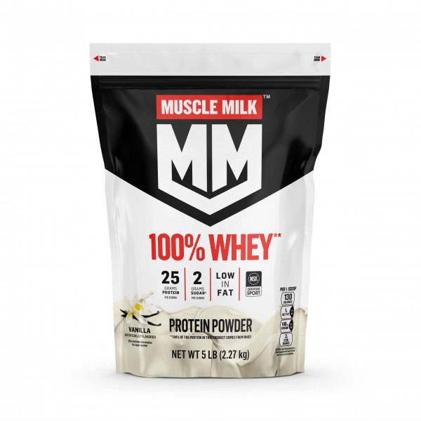 Muscle Milk 100% Whey Protein Powder, Vanilla, 5 Pound, 66 Servings, 25g Protein, 2g Sugar, Low in Fat, NSF Certified for Sport, Energizing Snack, ...