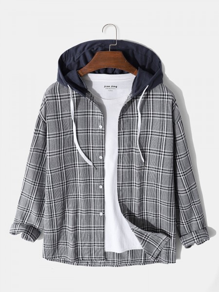 Mens Plaid Casual Preppy Contrast Color Button Shirt with Hooded