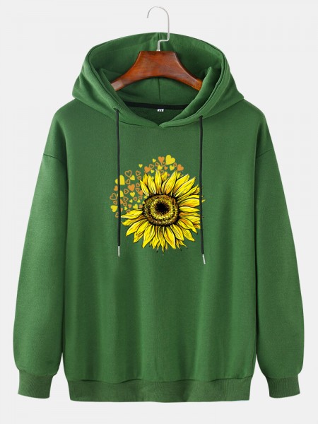 Mens Design Sunflower Print Drop Shoulder Cotton Long Sleeve Casual Hoodies