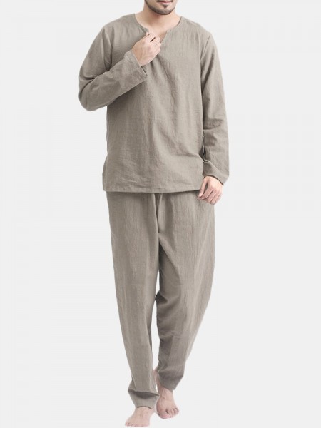TWO-SIDED Mens Cotton Comfy Soft Solid Color Long Sleeve Sleepwear Set Yoga Pajamas Set