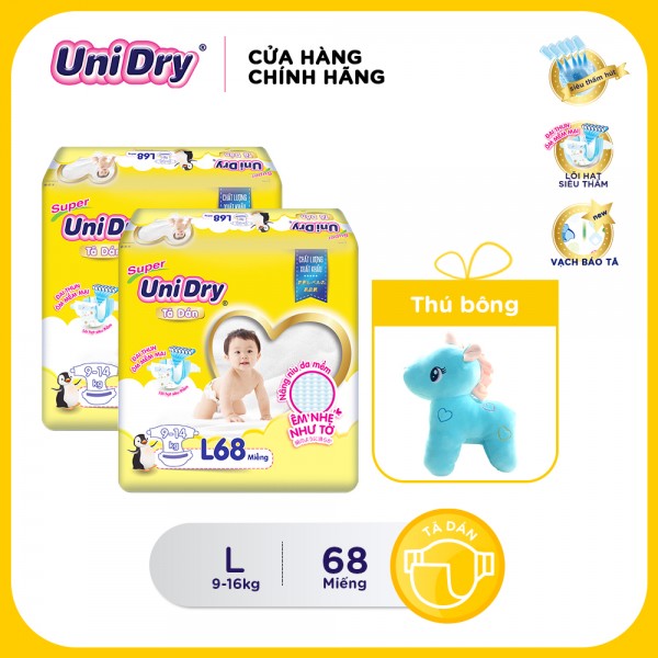 [Freeship] (Tặng 1 thú bông cho bé) Combo 2 tã dán Unidry gói Super Jumbo size M76-L68-XL62