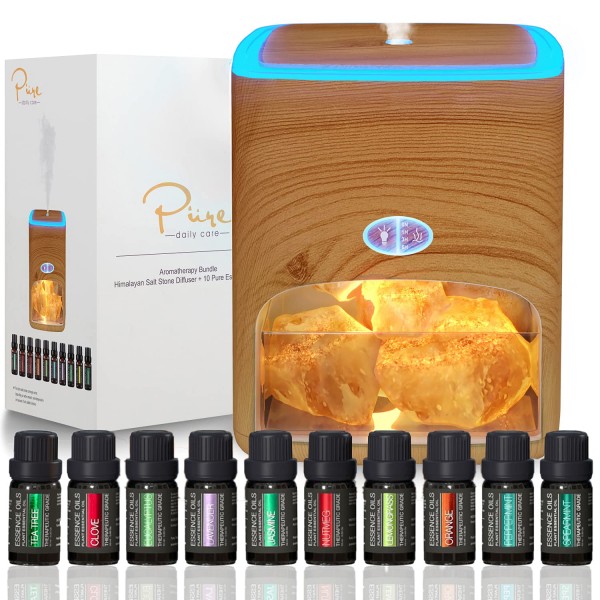 Himalayan Pink Salt Diffuser & 10 Essential Oils – 2-in-1 Therapeutic Device - Aromatherapy & Ionic Himalayan Salt Therapy – 400ml Ultrasonic Vapor...