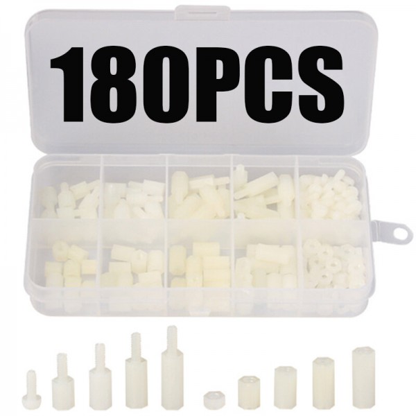 180pcs M3 Nylon White M-F Hex Standoff Spacers Screw Nut Assortment Kit with Box