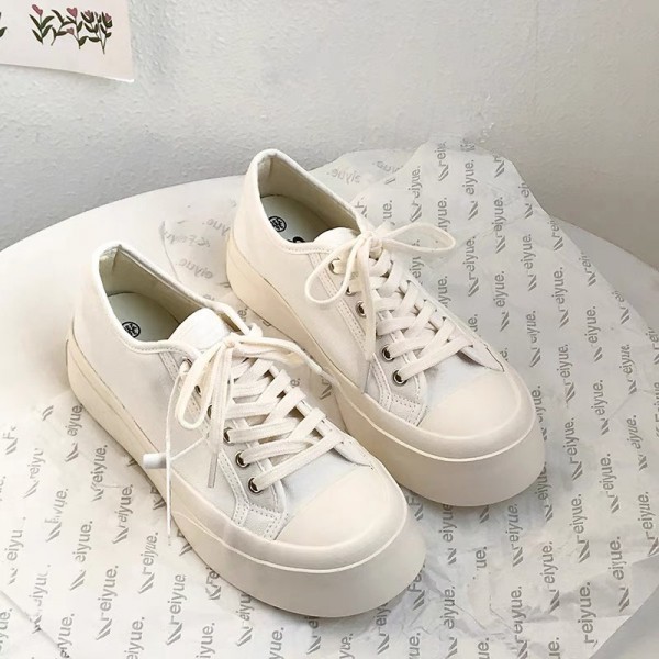 Giày thể thao nữ độn đế trơn có 2 màu đen & kem vải canvas dáng basic phong cách retro ulzzang hàn quốc hot 2021