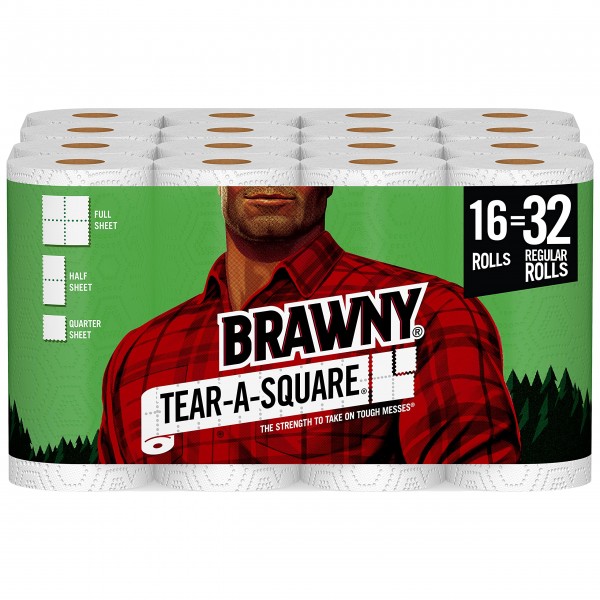 Brawny Tear-A-Square Paper Towels, 16 Double Rolls = 32 Regular Rolls, 3 Sheet Size Options, Quarter Size Sheets