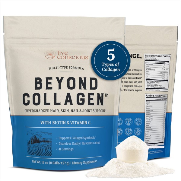 Live Conscious Beyond Collagen Multi Collagen Powder - Types I, II, III, V & X | Keto Friendly, Hydrolyzed Blend with Biotin & Vitamin C | Live Con...