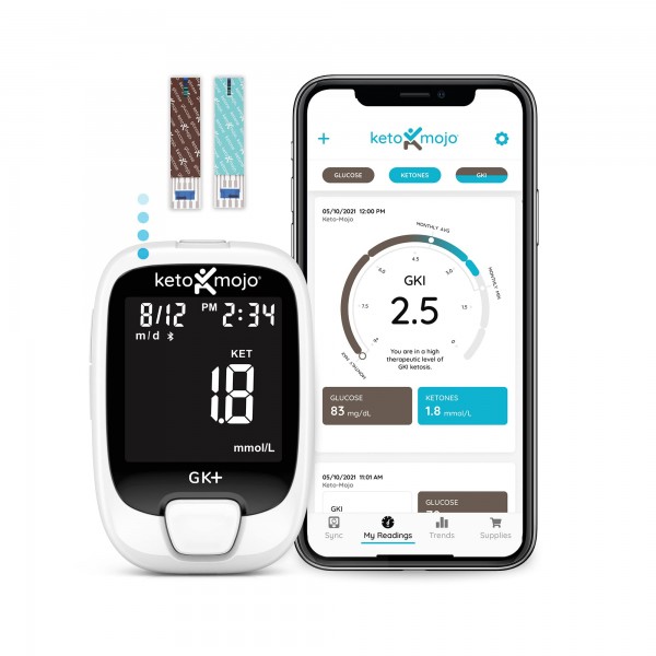 KETO-MOJO GK+ Bluetooth Glucose & Ketone Testing Kit + Free APP for Ketosis & Diabetes Management. 20 Blood Test Strips (10 Each), Meter, 20 Lancet...