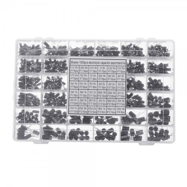 Aemedy® 1000pcs 36 Values 0.1uF 50V-1000uF 16V Capacitors 4.7UF 10UF 22UF 33UF 47UF Electrolytic Capacitor Assortment Bo