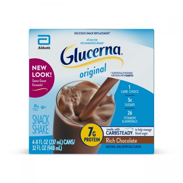 Glucerna Nutritional Snack Shake, Diabetic Drink to Support Blood Sugar Management, 7g Protein, 140 Calories, Rich Chocolate, 8-fl-oz Can, 16 Count