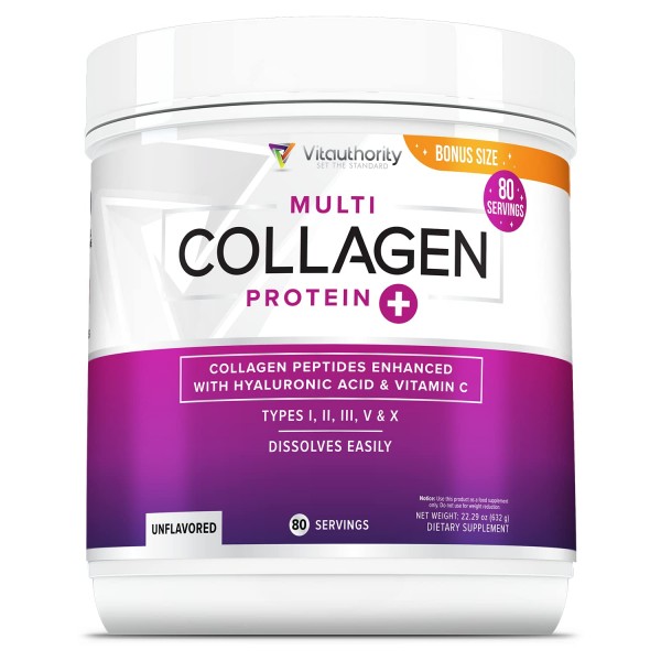 Multi Collagen Peptides Plus Hyaluronic Acid and Vitamin C, Hydrolyzed Collagen Protein, Types I, II, III, V and X Collagen, Unflavored, 80 Serving