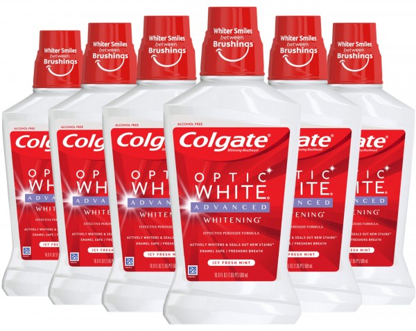 Colgate Optic White Whitening Mouthwash, 2% Hydrogen Peroxide, Icy Fresh Mint - 16.9 Fl Oz (Pack of 6)