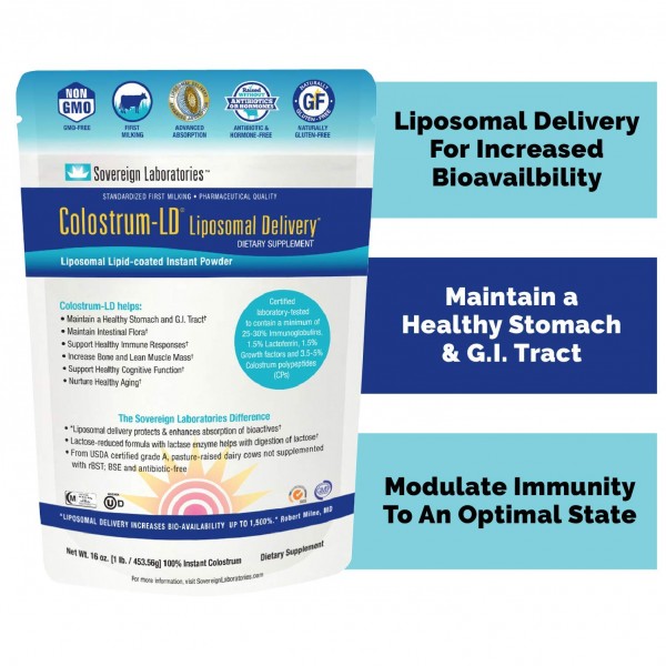 Colostrum-LD Liposomal Delivery - Colostrum Powder - Gluten-Free, Lactose-Reduced - 90 Servings - Sovereign Laboratories - 16oz Plain