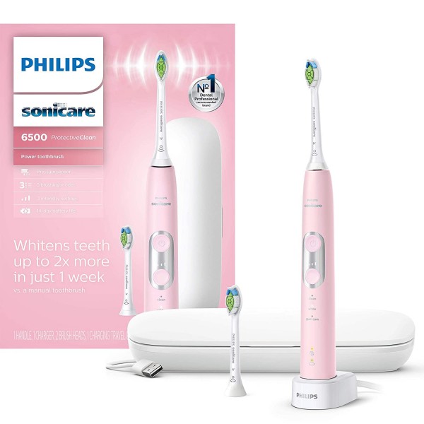 Philips Sonicare ProtectiveClean 6500 Rechargeable Electric Power Toothbrush with Charging Travel Case and Extra Brush Head, Pink, HX6462/06