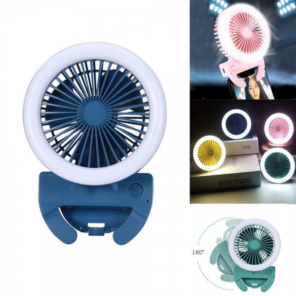 Handheld Phone Clip LED Fan Mini Folding 180° Rotation 2 Modes Fill Light 3 Speed Wind Fan Make-up Outdoors Camping Trav