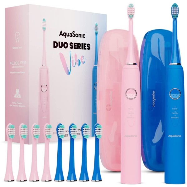 AquaSonic Vibe Duo - Dual Handle Ultra Whitening 40,000 VPM Fast Charging Electric ToothBrushes - 3 Modes with Smart Timers - 10 Dupont Brush Heads...