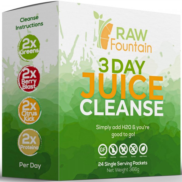 3 Day Juice Cleanse Detox by RAW Fountain, 24 Powder Packets, Travel and Vegan Friendly, Weight Loss Program, All Natural, Includes Protein (3 Day)