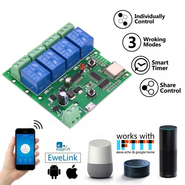 EACHEN ST-DC4 WiFi 4-way Relay Module Inching Momentary/Self-Locking/Interlock Switch Module Works with Amazon Alexa