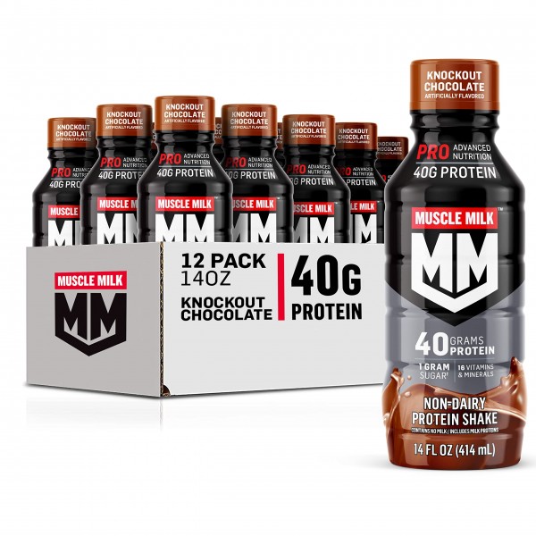 Muscle Milk Pro Advanced Nutrition Protein Shake, Knockout Chocolate, 14 Fl Oz Bottle, 12 Pack, 40g Protein, 1g Sugar, 16 Vitamins & Minerals, 6g F...